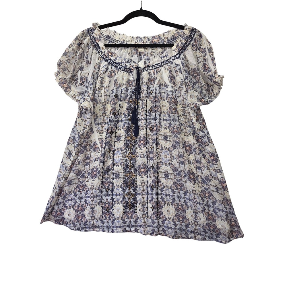 Unity World Wear Blue Floral Boho Peasant Blouse Tassel Tie Sheer Overlay  1X